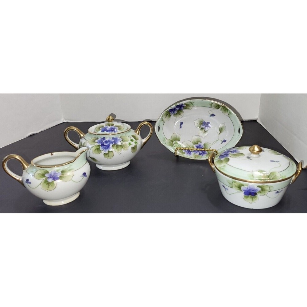 SHOFU Hand Painted Purple Violets Cream, Sugar, Lidded Serving, Trinket Dishes